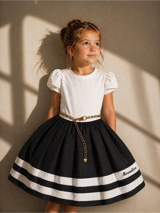 Other - Monnalisa Girls Jersey Dress Size 10 Navy White Gold Chain Belt